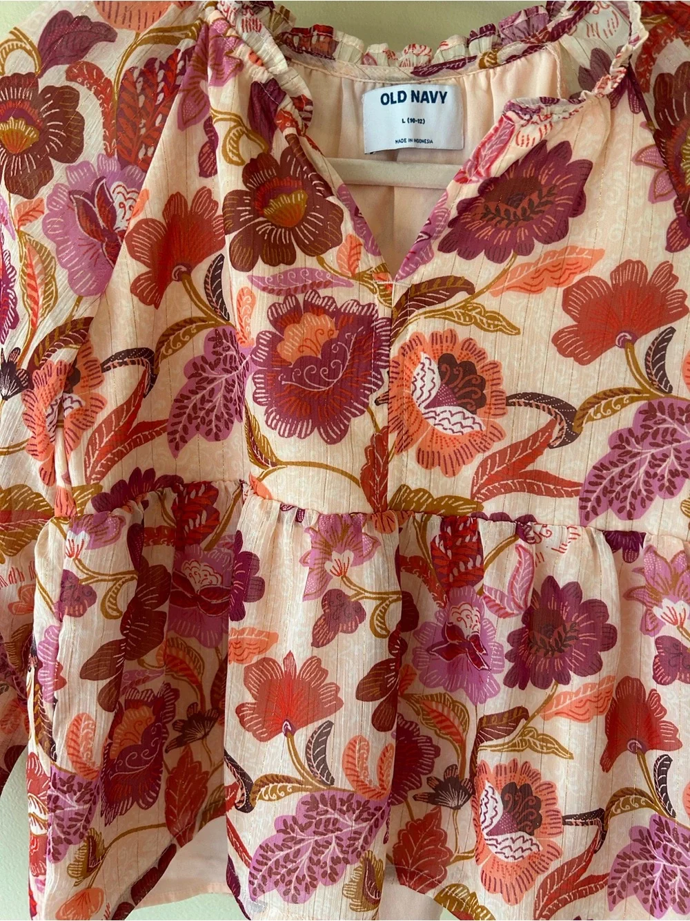 Old Navy Coral and pink floral boho peasant top girls 10-12